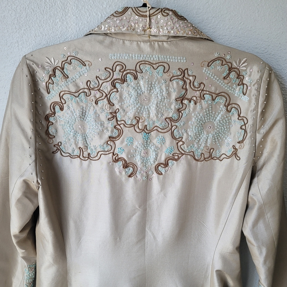 Johnny Was Biya Beaded Embroidery Silk Midi Jacket Size Medium Color Pebble NWT - Picture 10 of 16